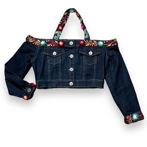 Alma Soul Peru Cropped Denim Jacket Top Floral Embroidery Folkloric Boho Small